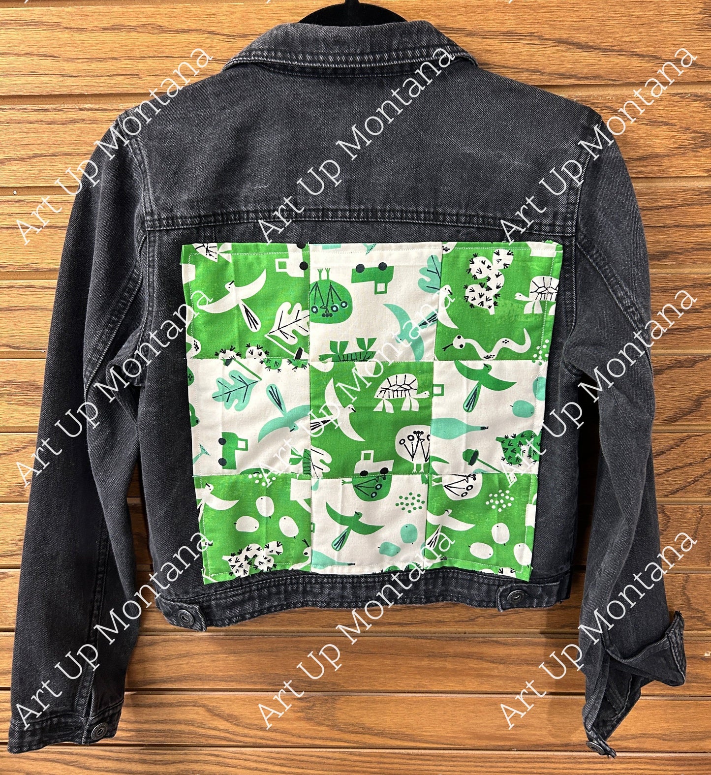 Black Denim Jacket ~ 9 Patch ~ Green/Black